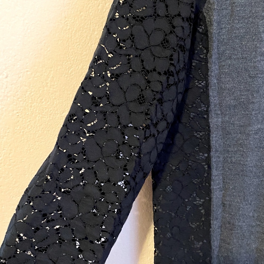Tory Burch Kammy Grey Merino Wool Black Lace Sleeve Sweater Small - Picture 3 of 12